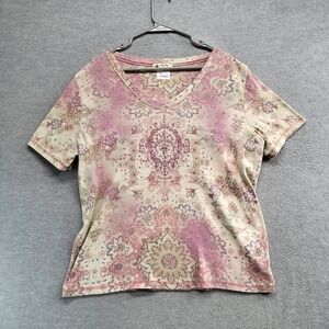 Unity Women Top 1X Pink Tie Dye Floral Shirt Rhinestones Y2K Short Sleeve Tee‎
